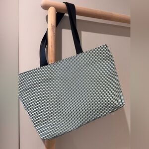 Chilewich large tote woven blue yellow check print rectangular leather straps